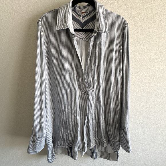 Free People On The Road Blue White Striped Popover Tunic Top Size Large - Picture 2 of 12